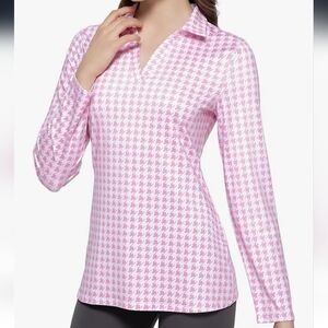 New Women's Light Weight Pink Houndstooth V-Neck For Golf Tennis Dinner...